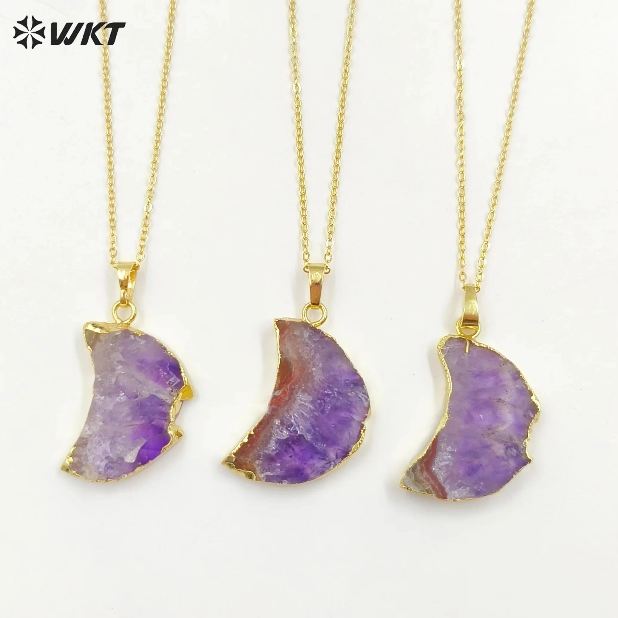 WT-N1300 Amazing Celestial Natural Slice Amethyst Moon Necklace Lady Gold Trim Half Moon Druzy Crescent Amethyst Necklace