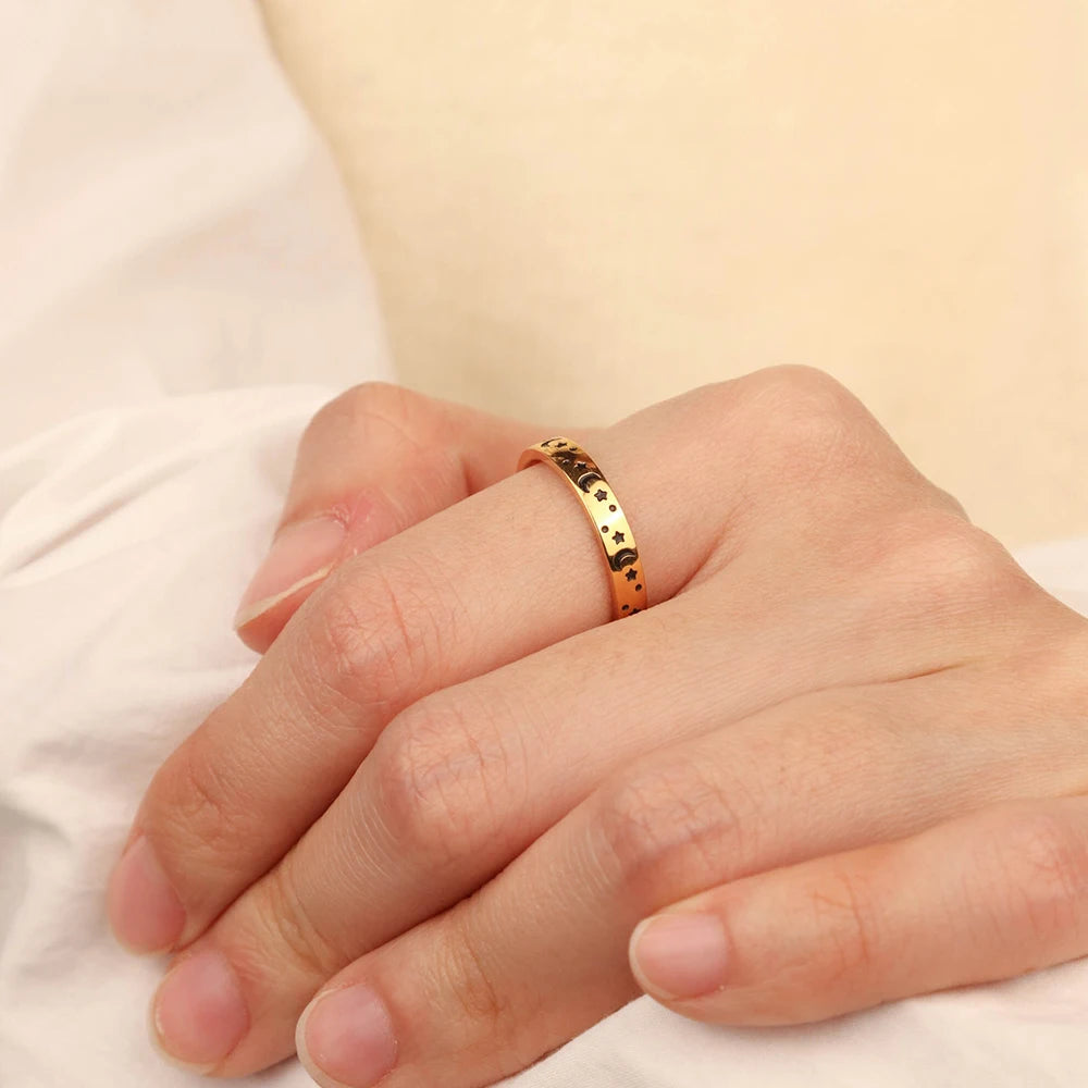 Chris April 316L Stainless Steel 18k PVD Plated Trendy Enamel Thin Star and Moon Finger Ring