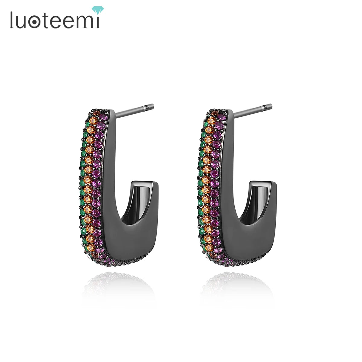 LUOTEEMI Fashion Designer Colorful Clip-On Earing Korean Cubic Clip on Hoop Woman Black Earring