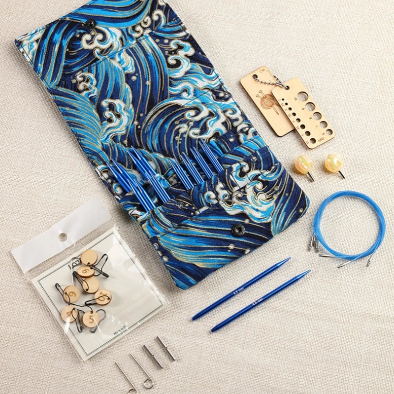 9 Pairs of 35cm Circular Needle Set Blue Ocean Pattern Storage Bag Sweater Needle