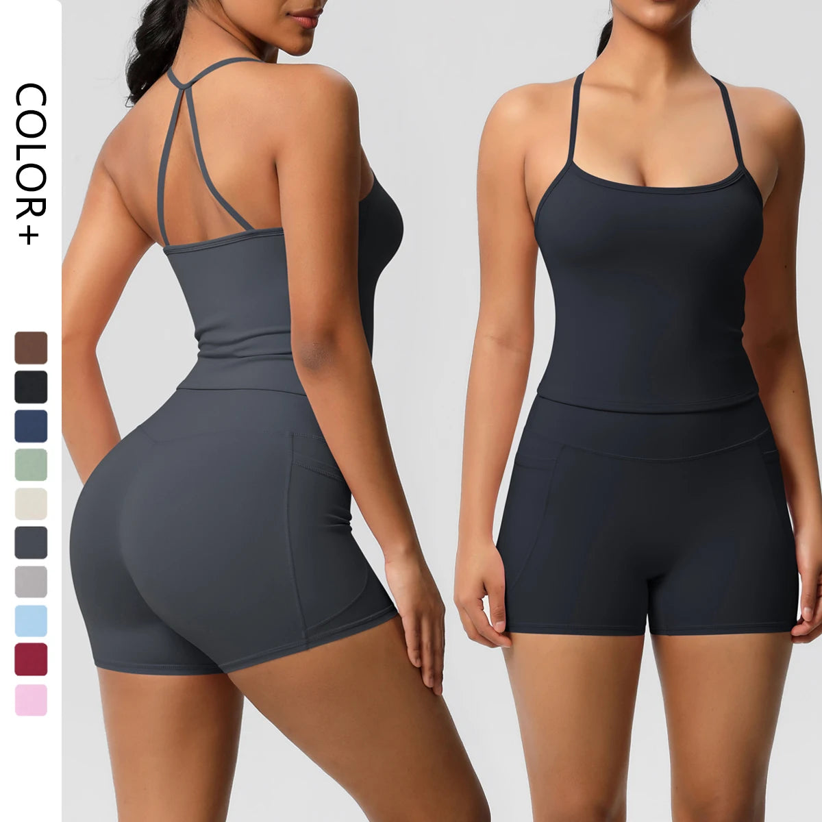 Wholesale High Quality Nylon and Spandex Fitness Yoga Vest and Pocket Short 2 Pieces Set Yoga Set for Women MegaBDM