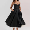 Fast Sample Custom Prom Dress Black Low v Neck Strap Cut Out Ruffle Back Floor Length Satin Party Dresses Women
