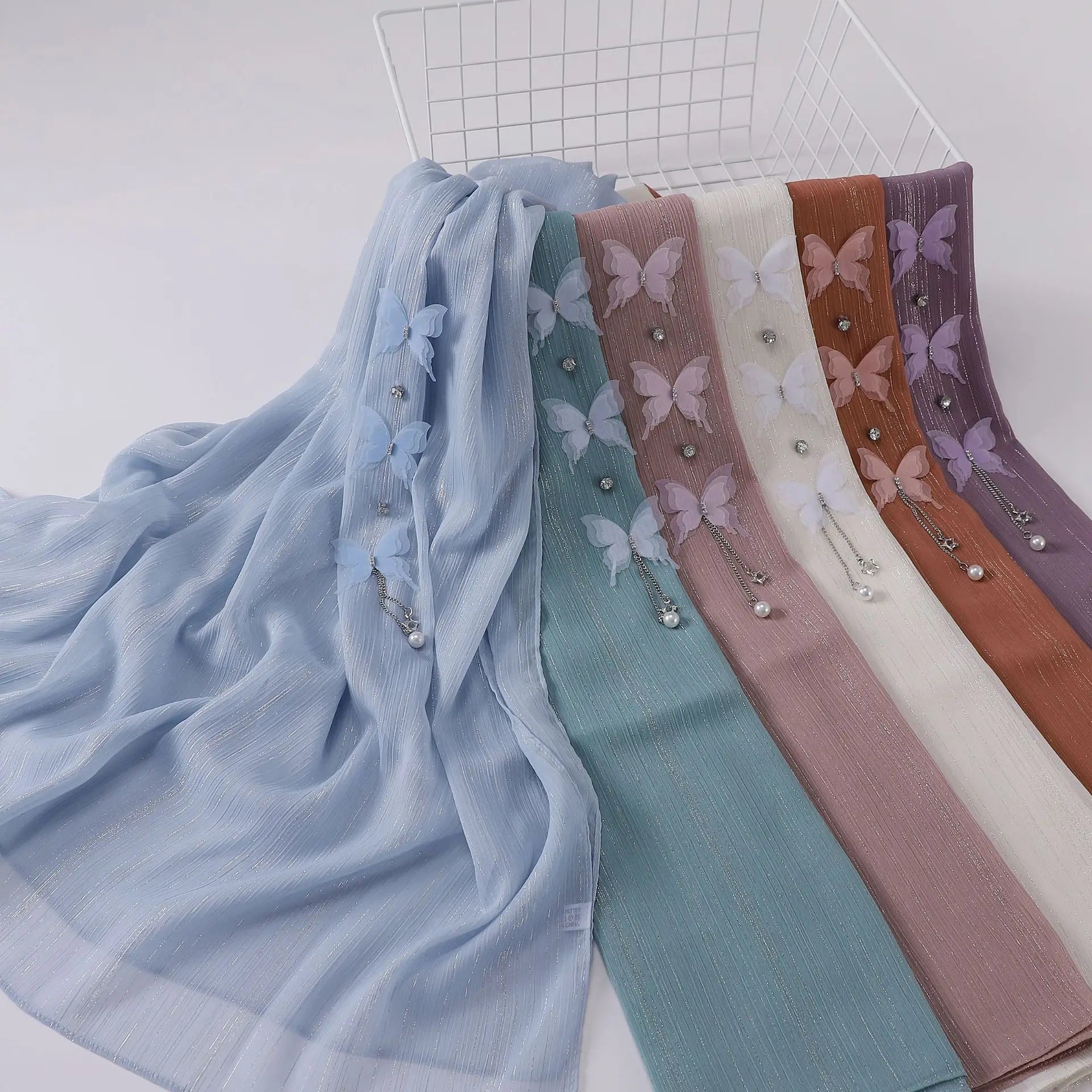 2024 New Hijab Factory New Silver Wrinkle butterfly Chiffon Long Scarf Gauze Scarf Muslim Hijab for Women
