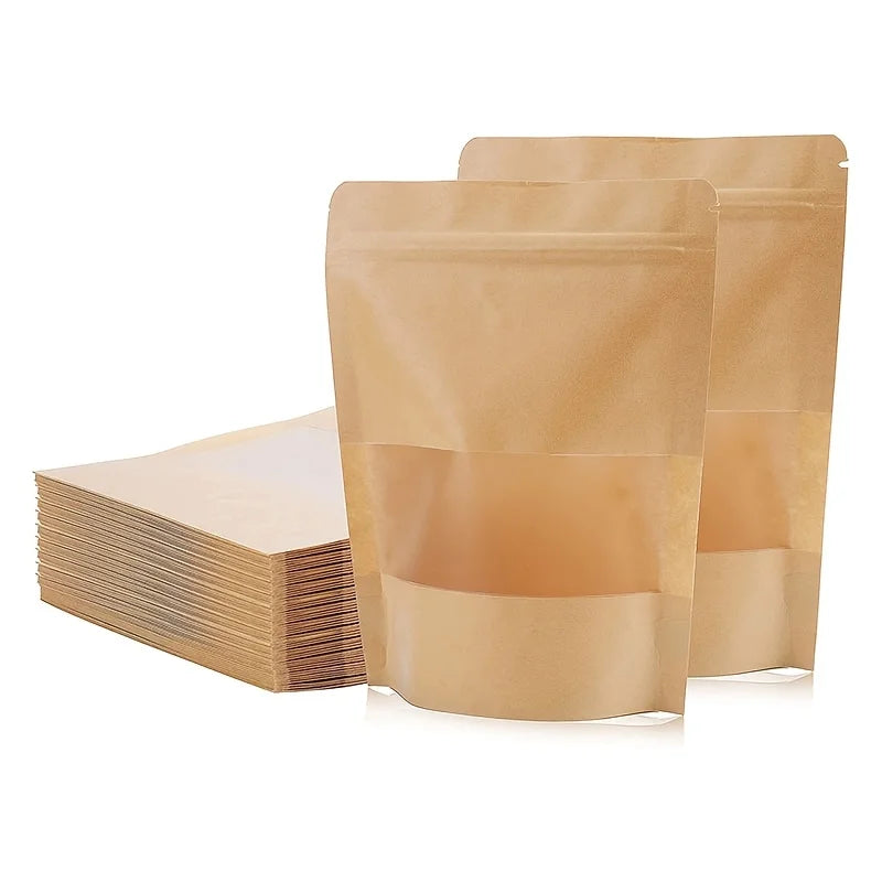 Brown Kraft Heat Sealable Food Storage Doypack Packaging Bag Paper Stand up Pouch with Clear Window and Zipper