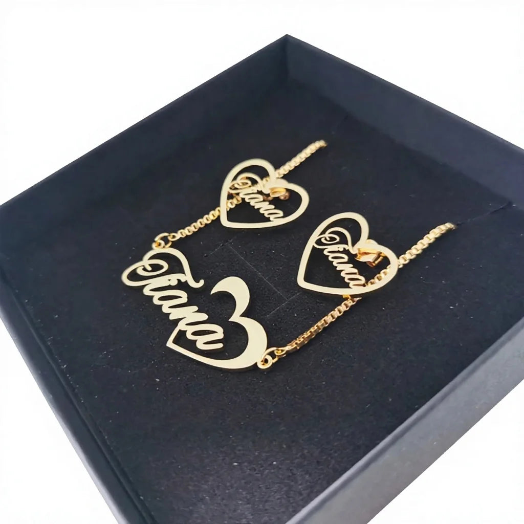 Qiuhan 20mm Heart Earrings Necklace Set Personalized Stainless Steel Custom Name Jewelry Set