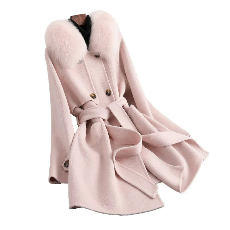 New Arrival Solid Color Cashmere Coat Double Faced Women Wool Coat With Fox Fur Collar