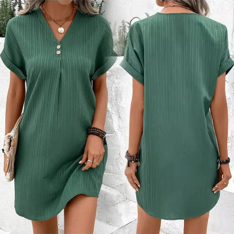 Women's Elegant Temperament Dress V-Neck Solid Color Pullover Comfortable Casual Button Diamond Lace Natural Beading Sashes