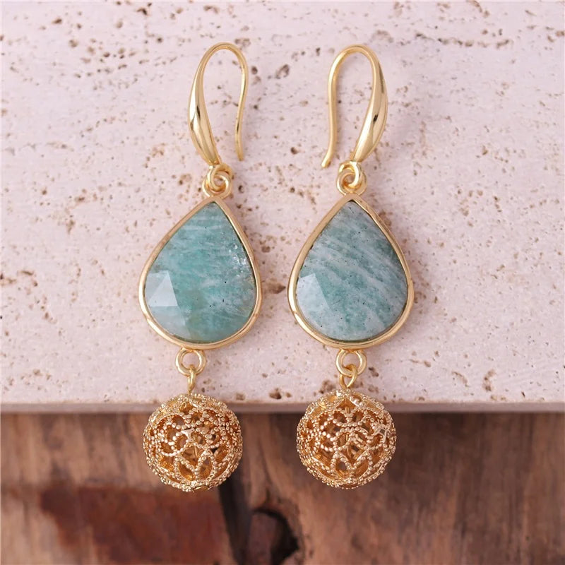 Romantic Gemstone Amazonite Teardrop Gold Natural Stone Drop Dangle Earrings for Women Fashion Ethnic Jewelry Wholesale Dropshi