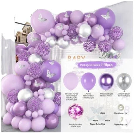 118pcs Purple Latex Balloon Garland Butterfly Stickers Lilac Chrome Confetti Balloon Arch Kit for Wedding Parties Graduation