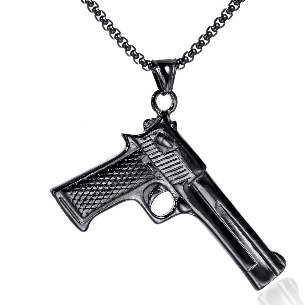 Luxury Trendy Stainless Steel Gold Plated Silver Men Pistol Anniversary Gift Pendant Chain Necklace