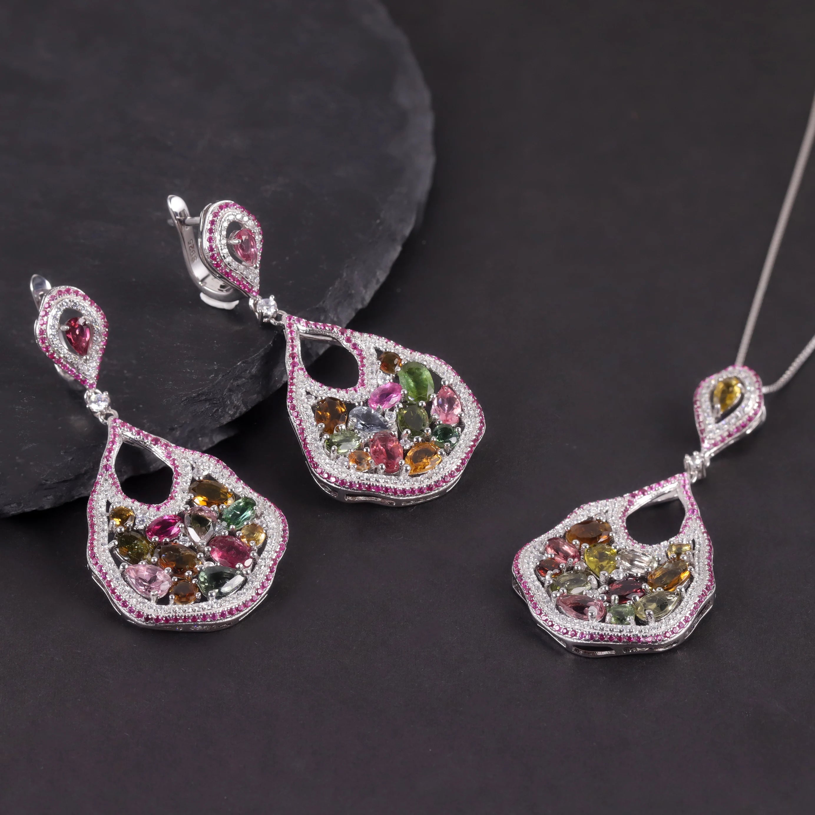 W0442 Skilled Craftsmanship Jewelry Wholesale Tourmaline Rhodium Plated Sterling Silver Colorful Gemstone Statement Jewelry Set