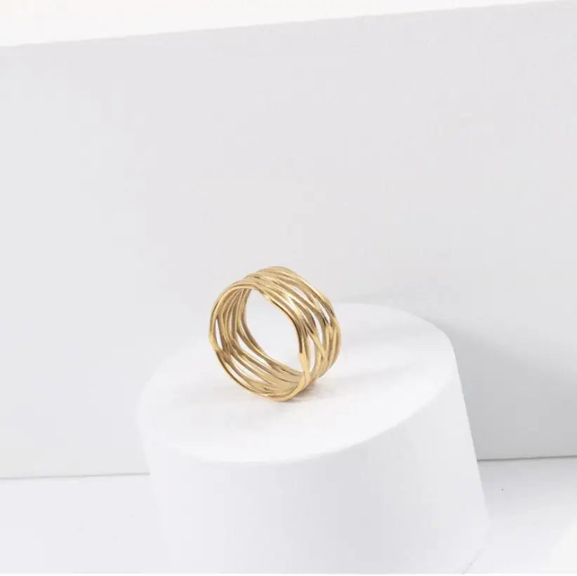 New Fashion Stainless Steel Modern Weave Wire Mesh Band Ring Wide Women Gold Open Lines Wave Wide Band Braid Ring