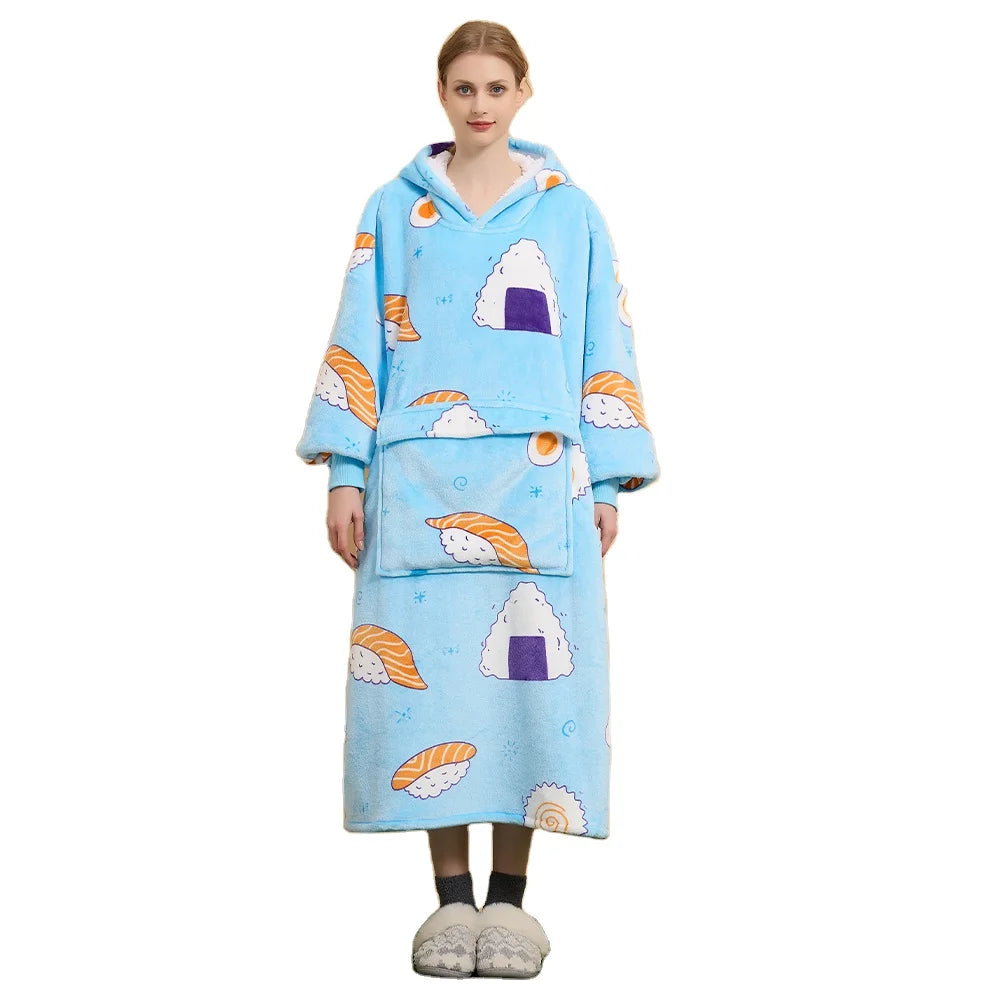 Long Hooded Clothes Lazy Designer Super Soft Microfiber Fleece Unique Printed Oversized Long Hoodie Blanket