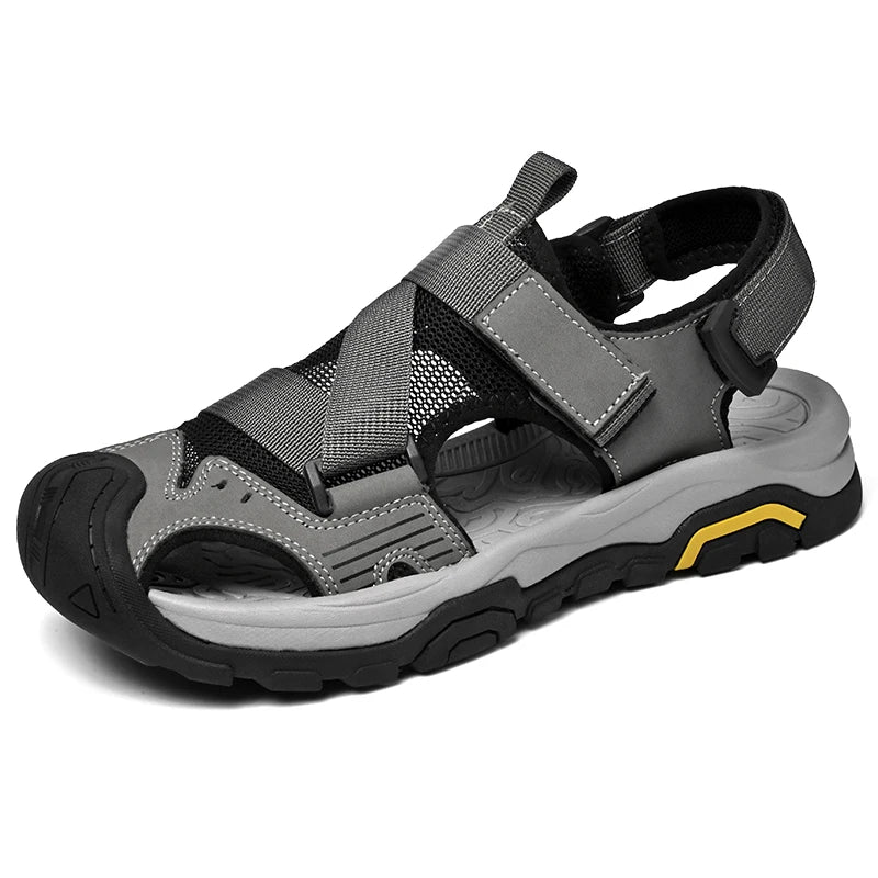 Factory Supply Large Size Hand Made Sewing Leather Mesh Upper Toe Closed Men Outdoor Adjustable Summer Beach Sandal