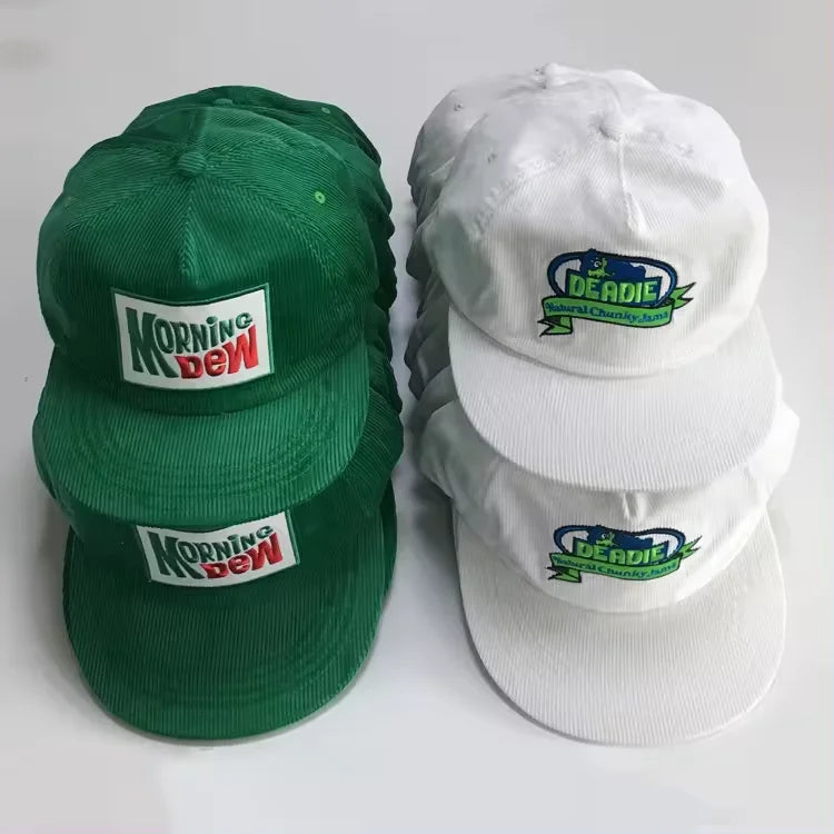 Factory Unstructured Vintage Corduroy Hat Flat Brim White Green 5 Panel Embroidered Logo Snapback Cap Custom Patch Wholesale
