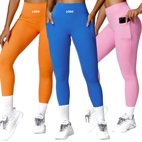Women Custom High Quality Fitness Tummy Control Solid High Waist Stretchy Hip Lifting Yoga Workout Leggings With Pockets
