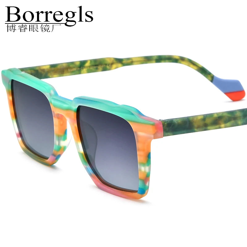 Borregls Matte Acetate Multicolour Polarized Sunglasses UV400 Men Brand Designer Vintage Square Sun Glasses for Women 19287T