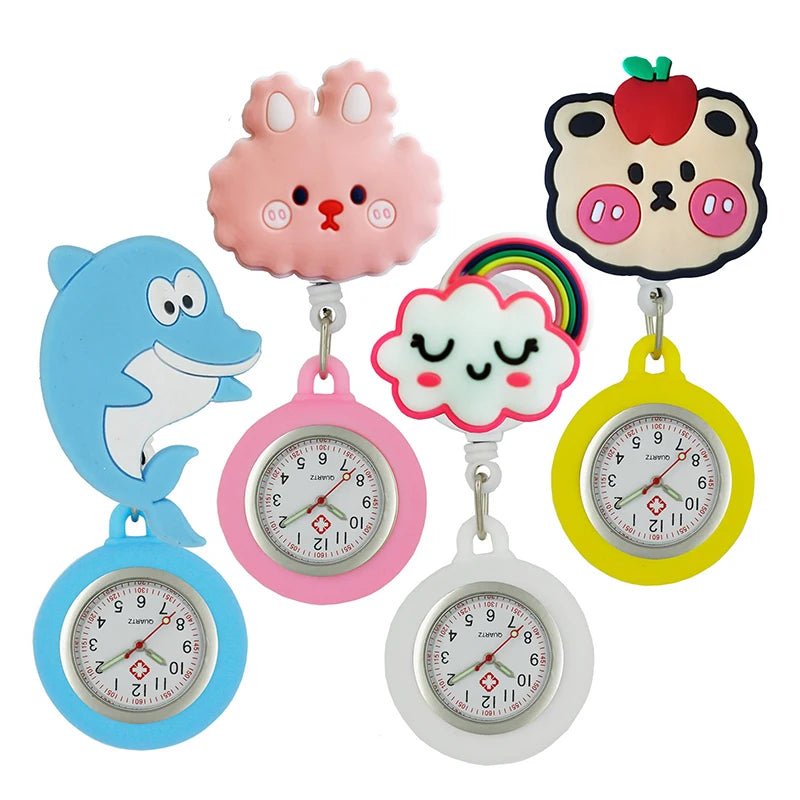 Lovely Dolphin Cartoon Puppy Retractable Badge Reel Pocket Watches for Nurse with Rubber Protect Case