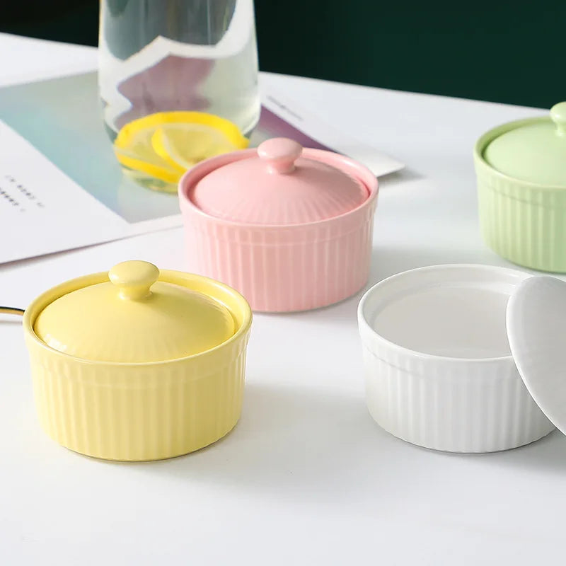 Glazed Ceramic Bowl with Lid Oven Safe for Baking & Serving for Cake Pudding Dessert in Restaurants Weddings