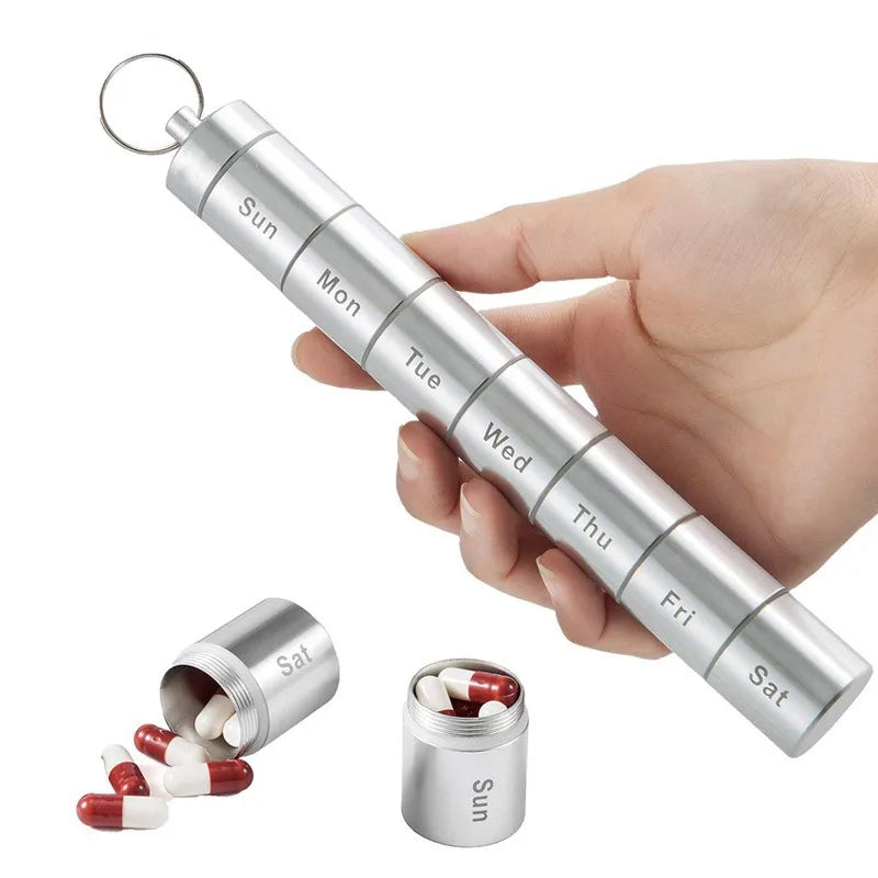 Waterproof Travel Round Designer Keychain 7days Weekly Medicine Storage Small Aluminum Pillbox Case
