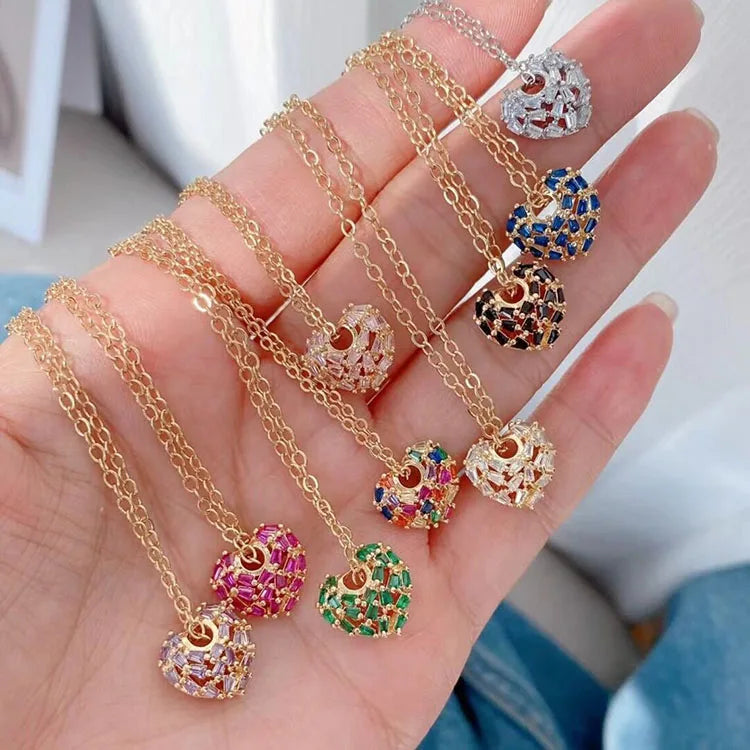 NZ1406 Fashion Chic Rainbow Zircon Cubic Zirconia CZ Baguette Bulgy Love Heart Charm Necklace