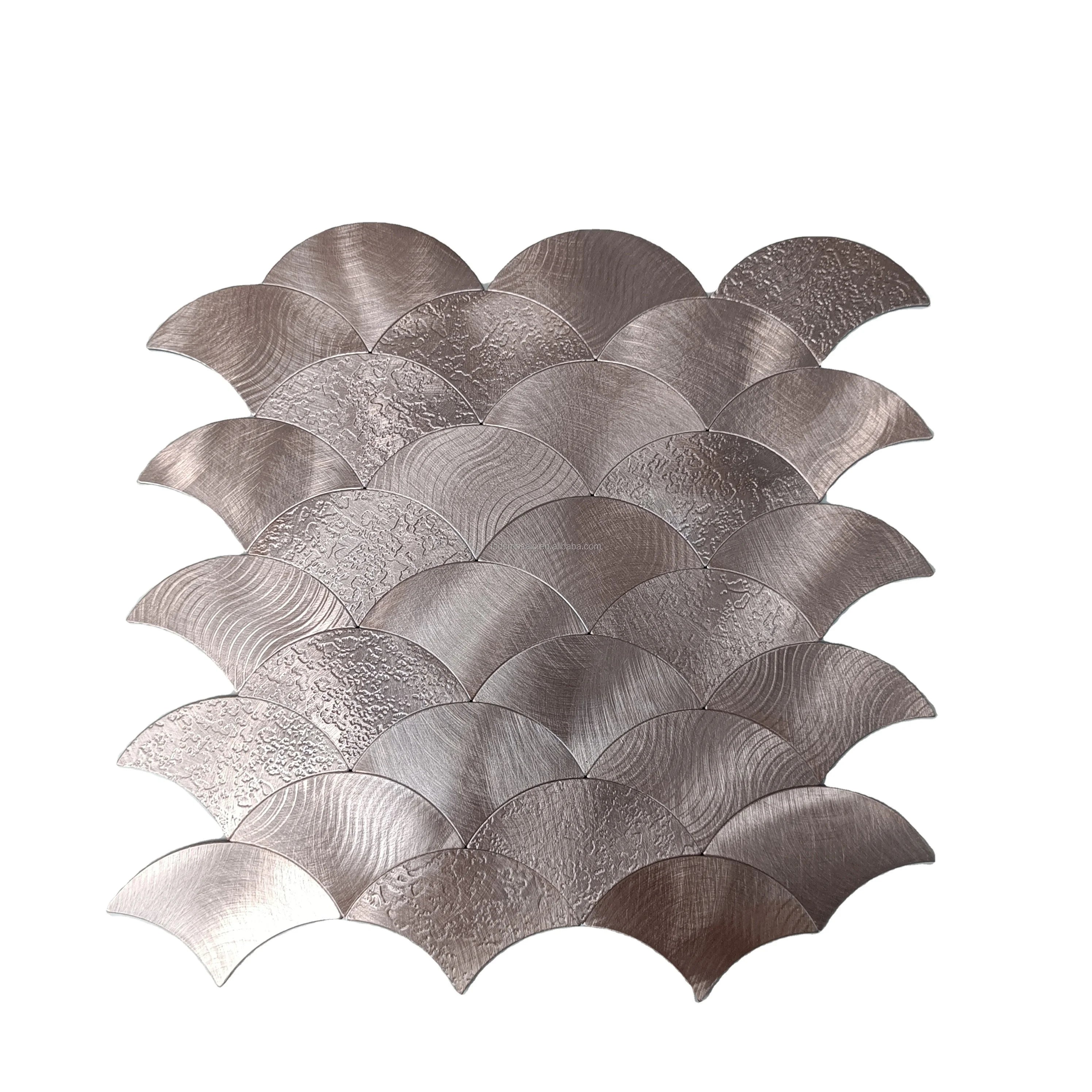 Rose Gold Pink Color Fish Scale Fan Shape Backsplash Wall Tile Self Adhesive Aluminum Tiles Mosaic Peel and Stick Mosaiken