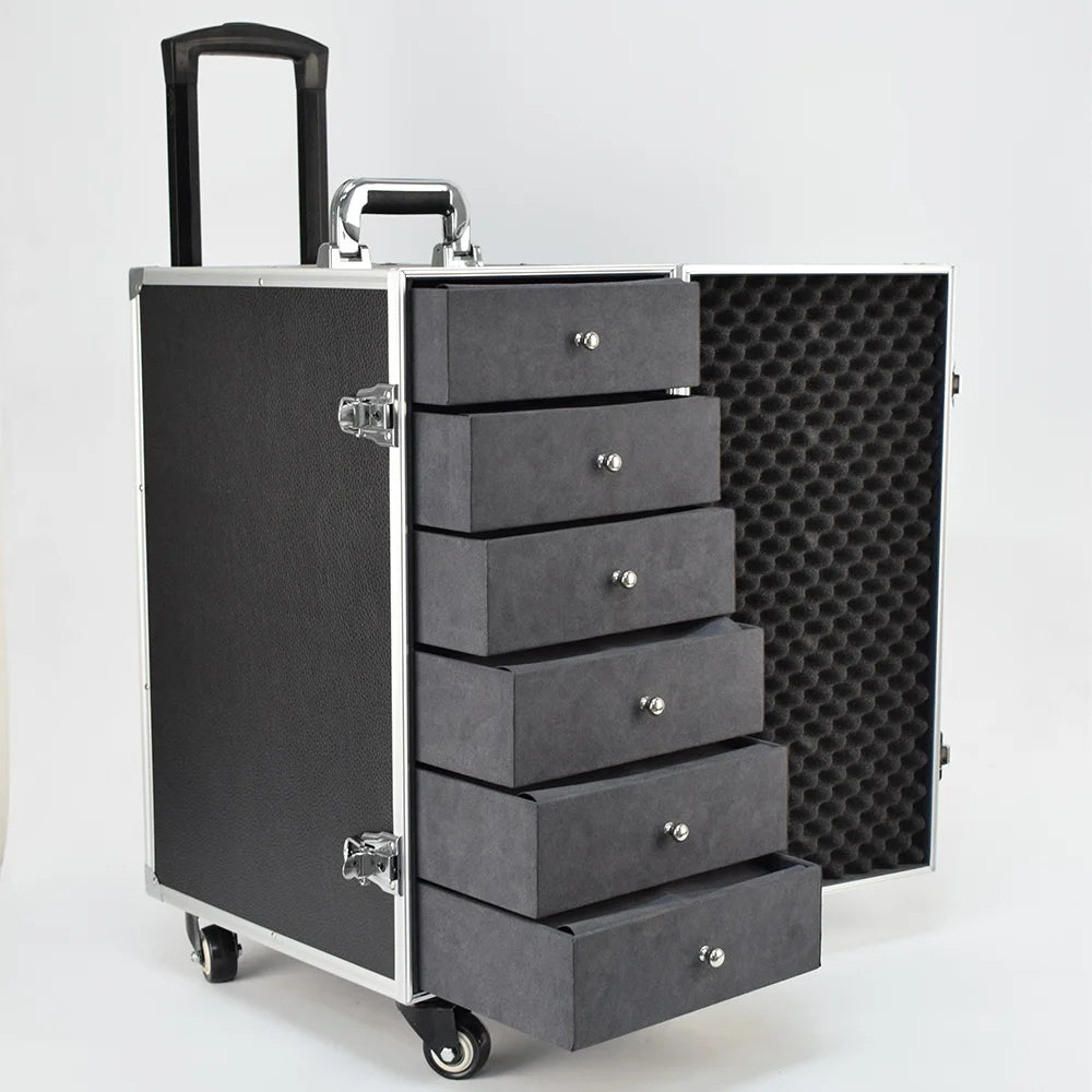 Professional Jewelry Trolley Collection Case Lock Closure Impact Resistant Eco-friendly PU Leather Aluminum Frame High Jewelry