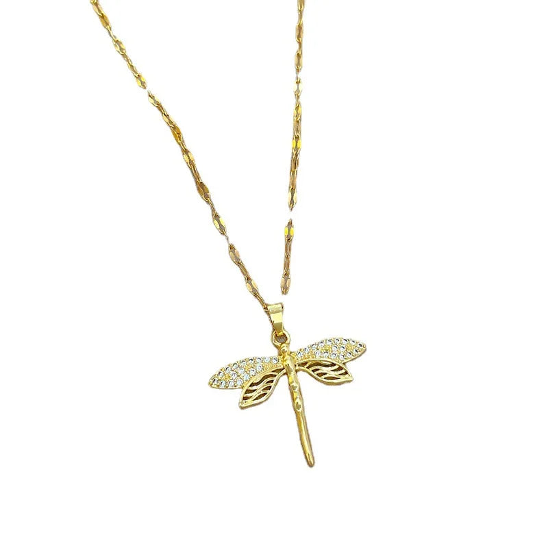 DAIHE Light Luxury Personality Empty Dragonfly Gold Necklace Female Collarbone Chain Titanium Steel Pendant Necklace