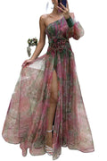 Formal Evening Dress Elegant One Shoulder Tie-dye Ball Gown With Mesh Bubble Sleeves Split Hem Women's Evening Dress Featuring