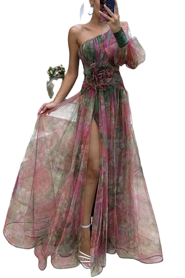 Formal Evening Dress Elegant One Shoulder Tie-dye Ball Gown With Mesh Bubble Sleeves Split Hem Women's Evening Dress Featuring