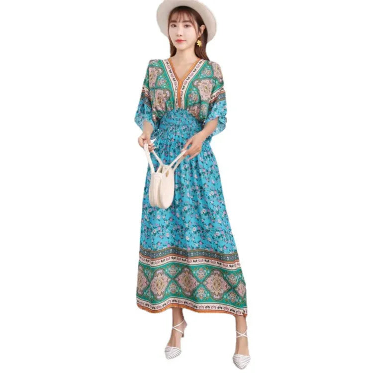 Wholesale Women Fashionable Long Bohemia Retro Style Flower Printed Natural Waist Summer Beach Vacation Dress V-Neck