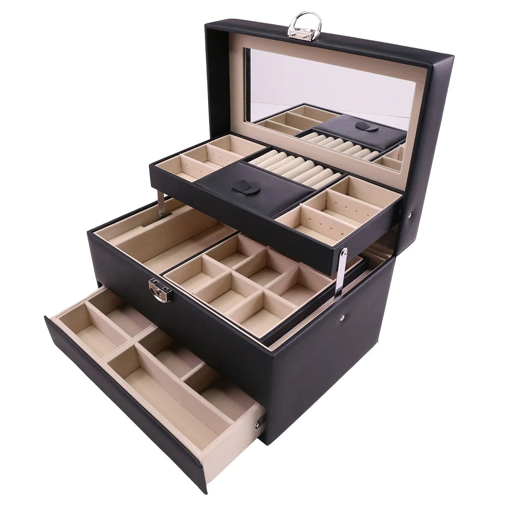 Faux Leather PU Leather Travel Jewelry Box with Mirror Zipper Closure Velvet Lining Portable Storage Case