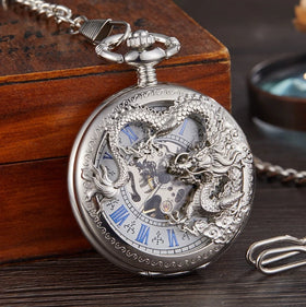 Vintage Half Silver Dragon Zinc Alloy Dial Hollow Mechanical Pocket Watch