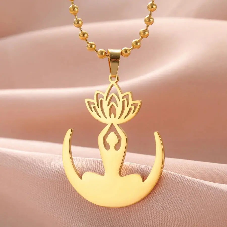 Myshape Crescent Moon Yoga Necklace Lotus Flower Meditation Pendant Good Luck and Protection Amulet Stainless Steel Jewelry