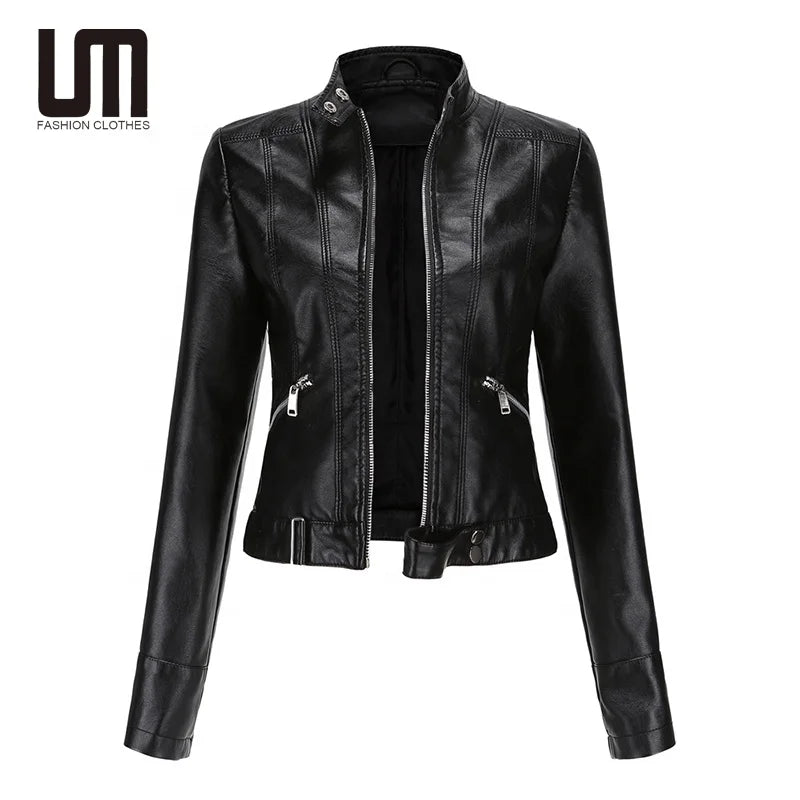 Liu Ming Custom Wholesale Fashion Women Casual Faux Leather Zip up Stand Collar PU Slim Short Coats Outwear