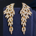 Elegant 18k Gold Plated Cubic Zirconia Long Dangle Feather Wing Drop Earrings for Women Fashion Boho Evening Party Jewelry