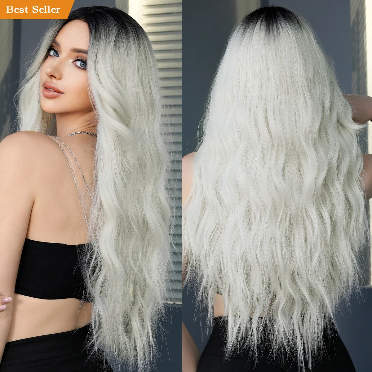 Ombre Silver Curly Wig Middle Part Synthetic Yes Heat Resistant Wig for Women Platinum White Curly Water Wavy Hair Wig 26 in