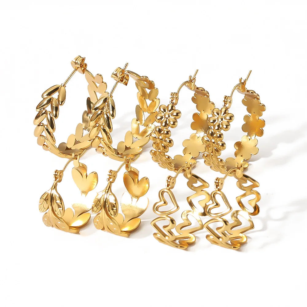 Nabest Gold Plated Stainless Steel Hollow Hoop Earrings Fashion Jewelry Women Heart Flower Wheat Huggie Earing