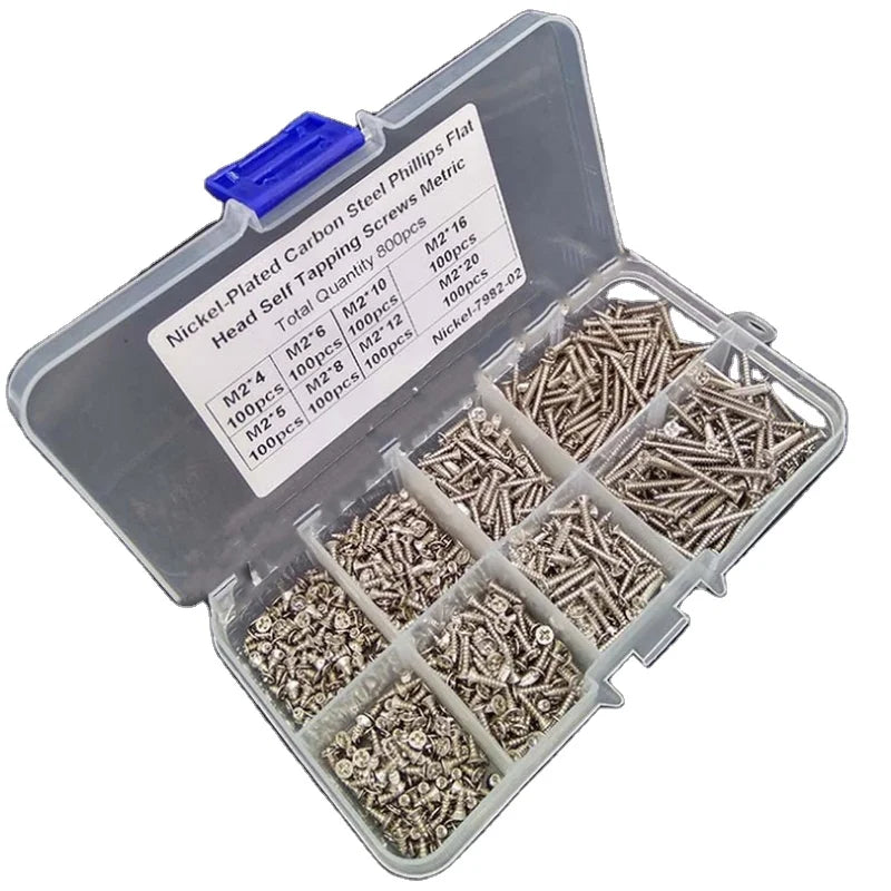 800Pcs M2 Stainless Steel Self Tapping Wood Screw Assortment Kit Lock Nut Wood Flat Head Thread Nail Screw Fastener Sets