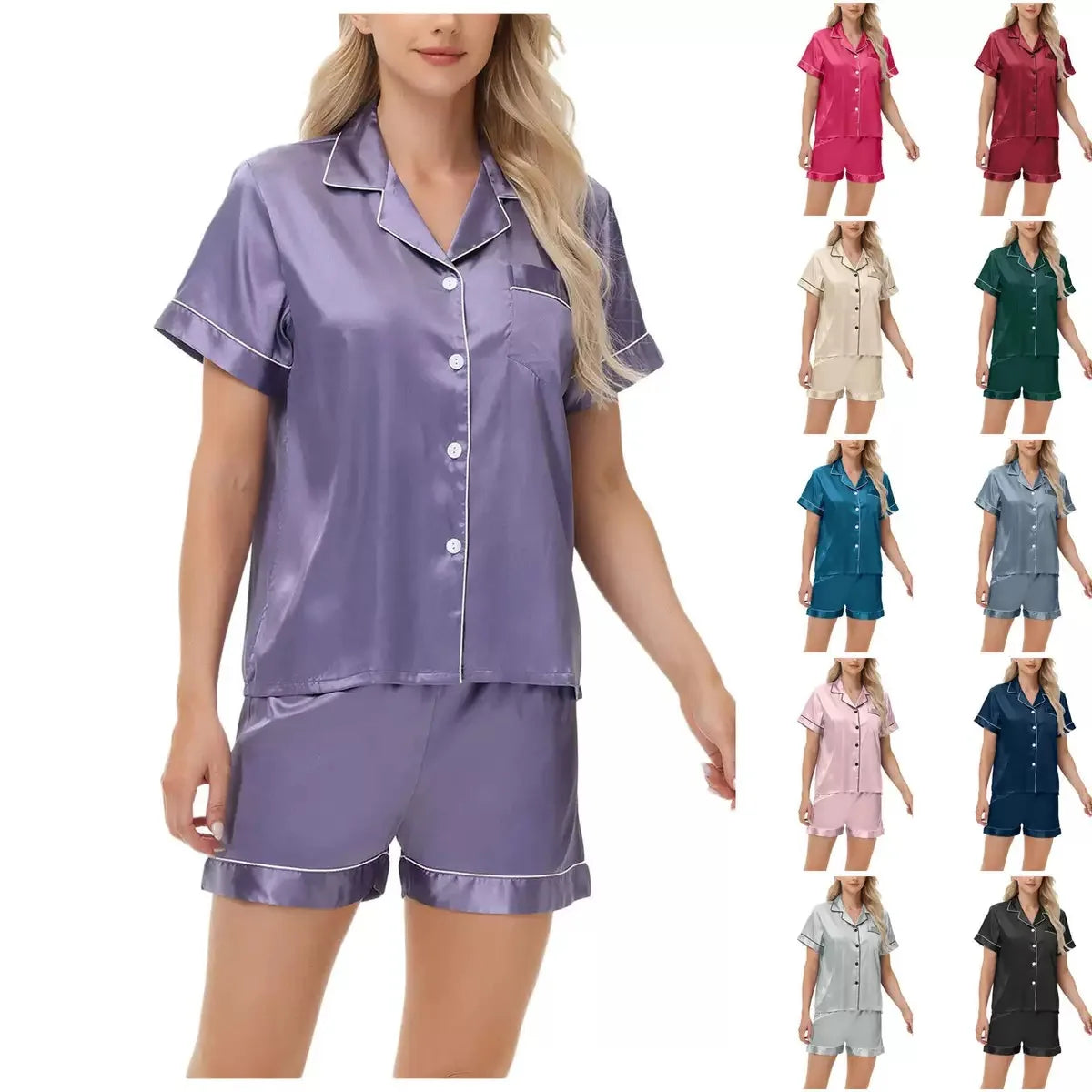 Custom Logo Satin Pajamas for Women Set Button Down Two-Piece Short Sleeve and Shorts Sleepwear Soft Lounge Pj Sets
