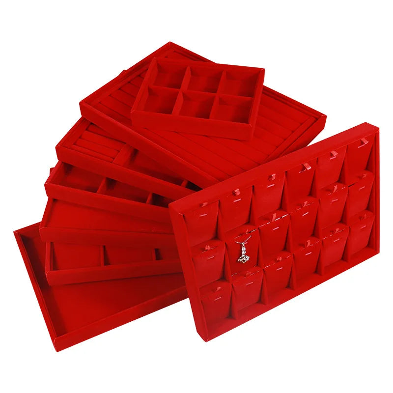 Wholesale Bulk 35x24x3cm Aesthetic Stackable Red Velvet Necklace Bracelet Ring Jewelry Trays with Lid for Drawers Organizer