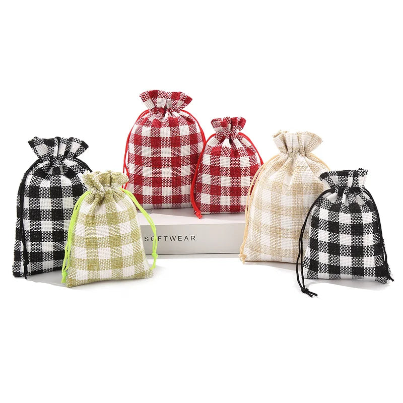 5*7inch Small Burlap Drawstring Bag Lattice Buffalo Plaid Wrapping Gift Bag Wedding Birthday Linen Burlap Gift Bag