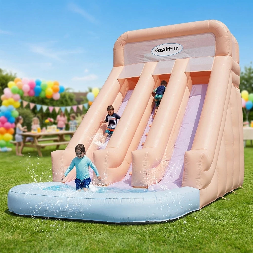Double Lane Outdoor Inflatable Water Slide Park with Bounce House Splash Pool Premium PVC CE Certified Backyard Commercial Use