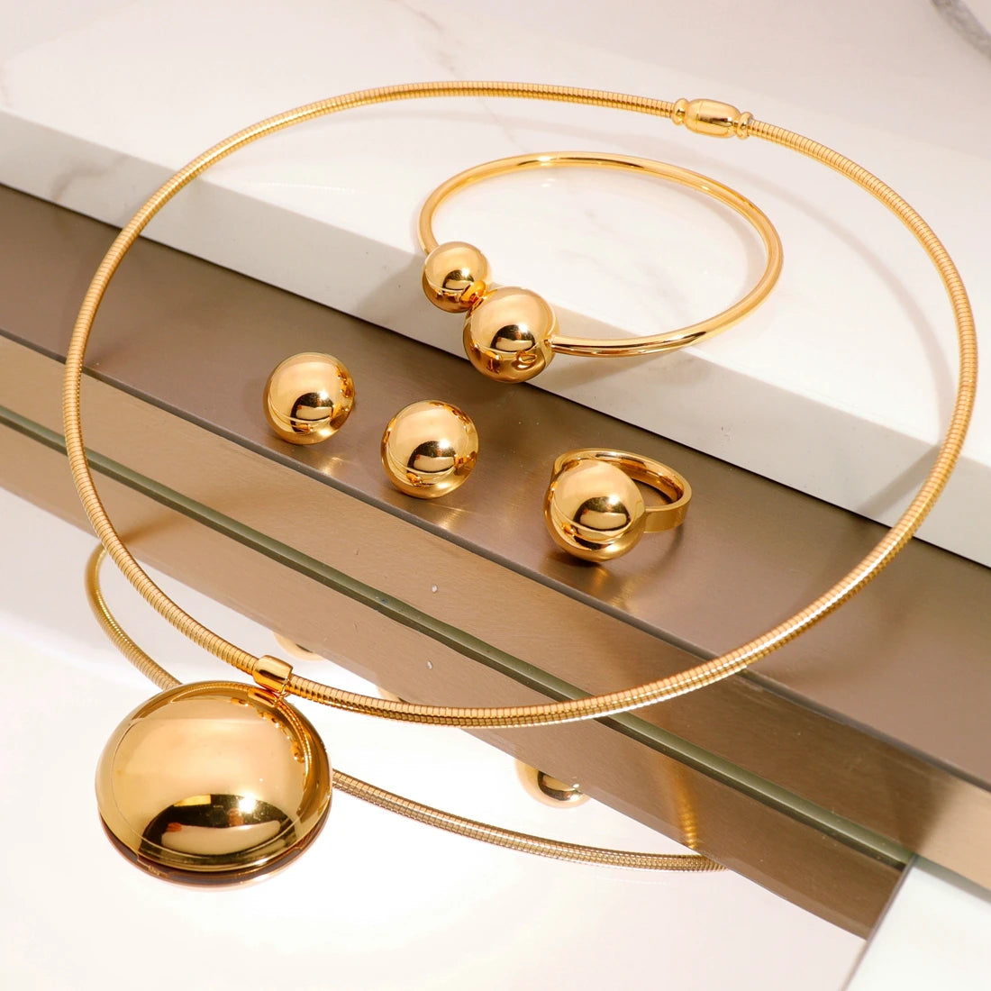Fashionable Charm Jewelry 4 Pcs Ins Minimalist Geometric Ball Collar Retro Cold Wind Bracelet&Necklaces Jewelry Set for Women