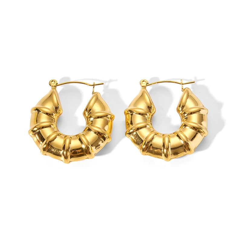 New Woman's Trendy CC Shape Hoop Earrings Waterproof Titanium Steel PVD Plated Hollow Bamboo Stainless Steel Geometric Design