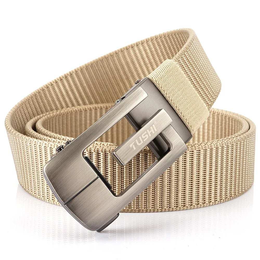 TUSHI Men's Business Casual Belts Custom Wholesale Black Nylon Adjustable Fabric Automatic Zinc Alloy Buckle Outdoor Use
