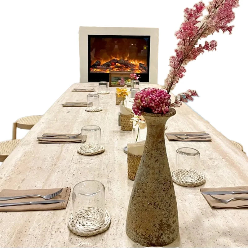 HZX 2024 Luxury Rectangle Dining Table Italy Natural Travertine Marble Top Modern Rome Style Polished Surface Outdoor Hotels