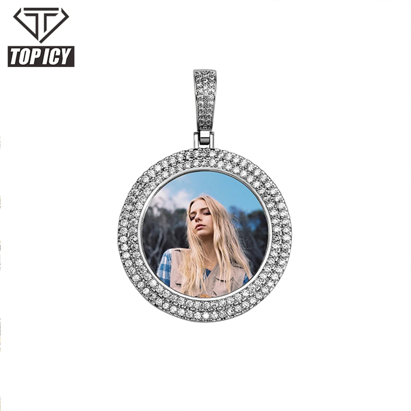 Custom Photo Silver Color Circle 2 Layers Cubic Zircon Pendant Necklace for Wedding or Party a Special Memory Family Gift