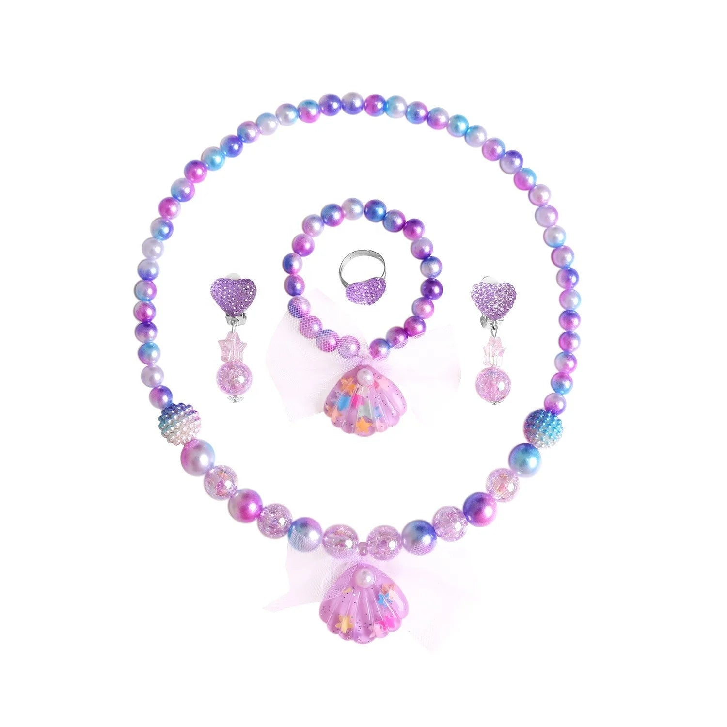 Girls Jewelry Set Mermaid Shell Necklace Pendant Necklace Bracelet Earrings