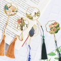 Chinese Style Brass Hollow Calligraphy Painting Flower Bird Bookmark Group Fan Book Clip Pagination Mark Metal Tassel Stationery